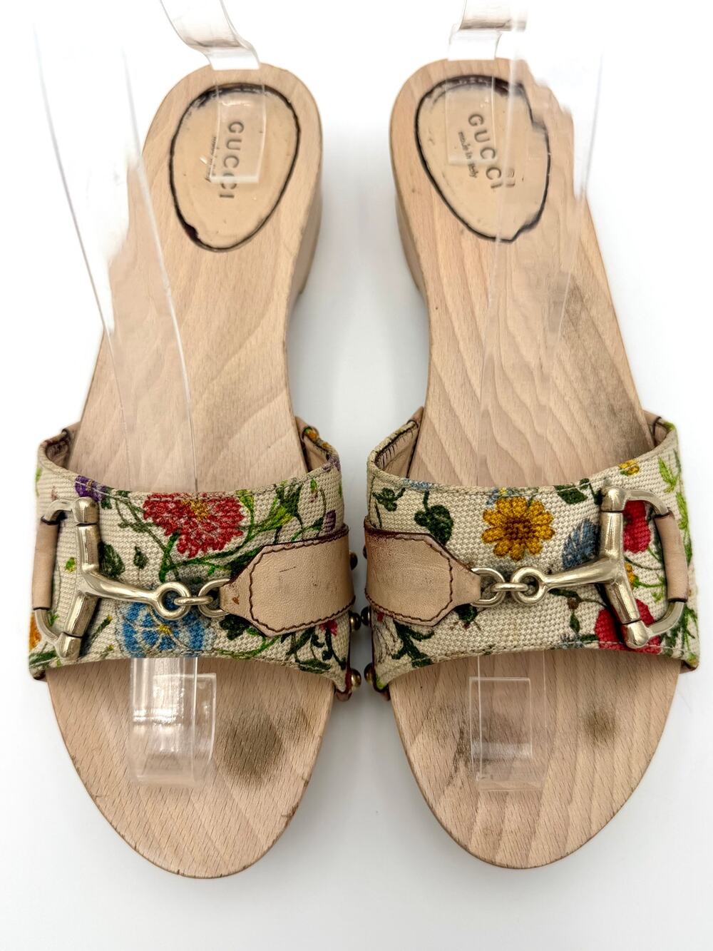 Gucci Wooden Clog Slide Sandals Floral Canvas Size 39 C / 9.5 Wide